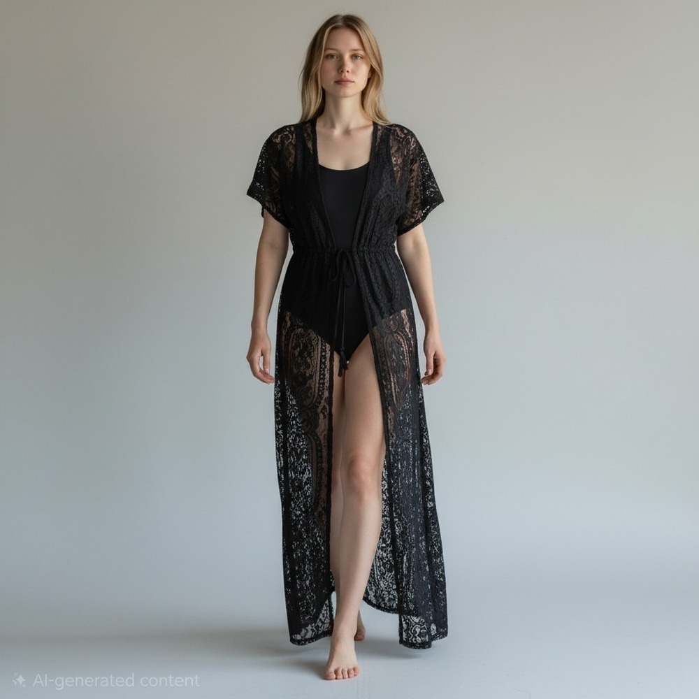 Aakaa Black Lace‎ Maxi Kimono Cover Up S Sheer Floral Boho Tassel Duster Dress